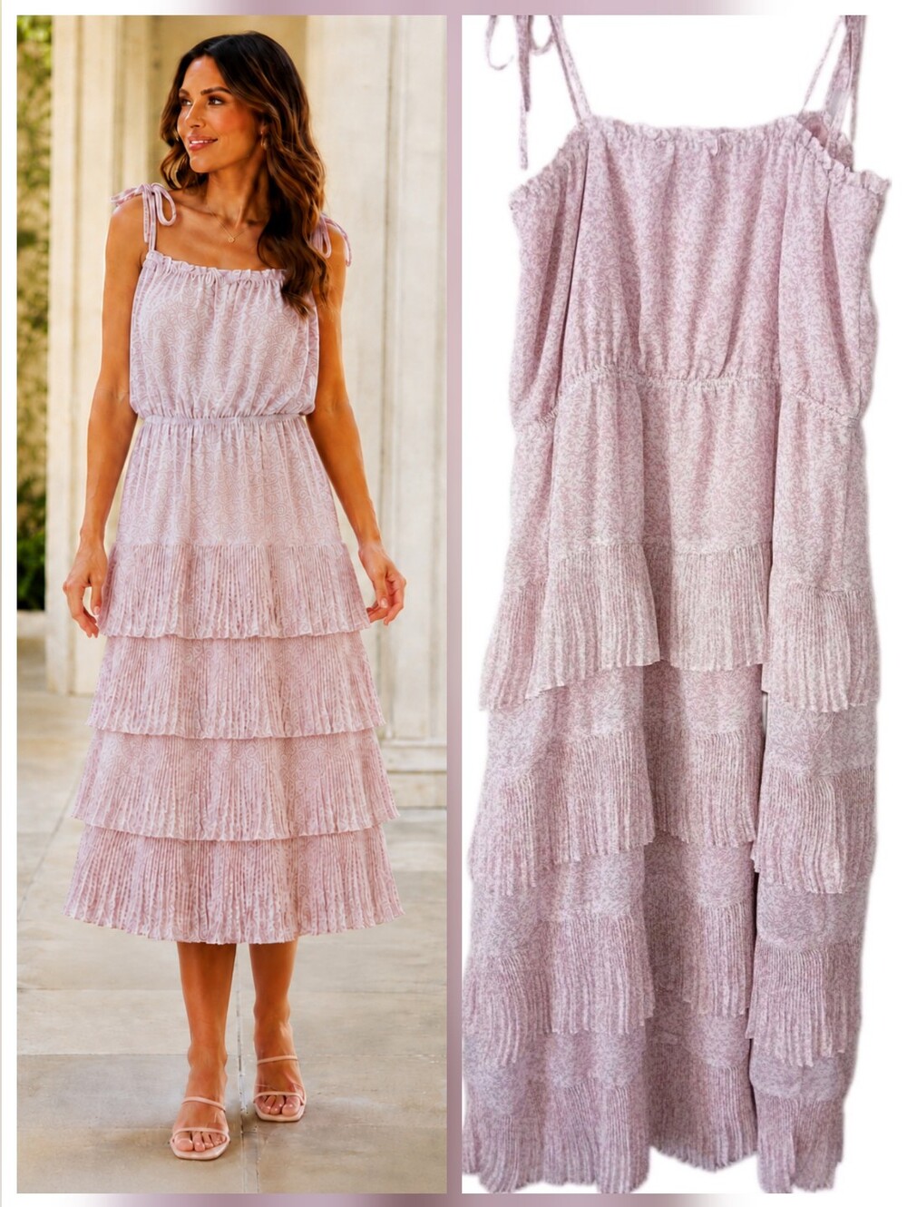 LUCY PARIS Tiered PINK Ditsy Floral Ruffle Pleated Maxi Dress Women's Size L